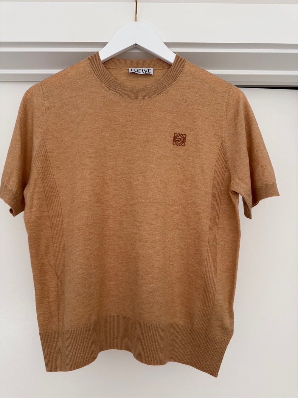 Loewe Camel Short Sleeve Knit Tee with Embroidered Anagram